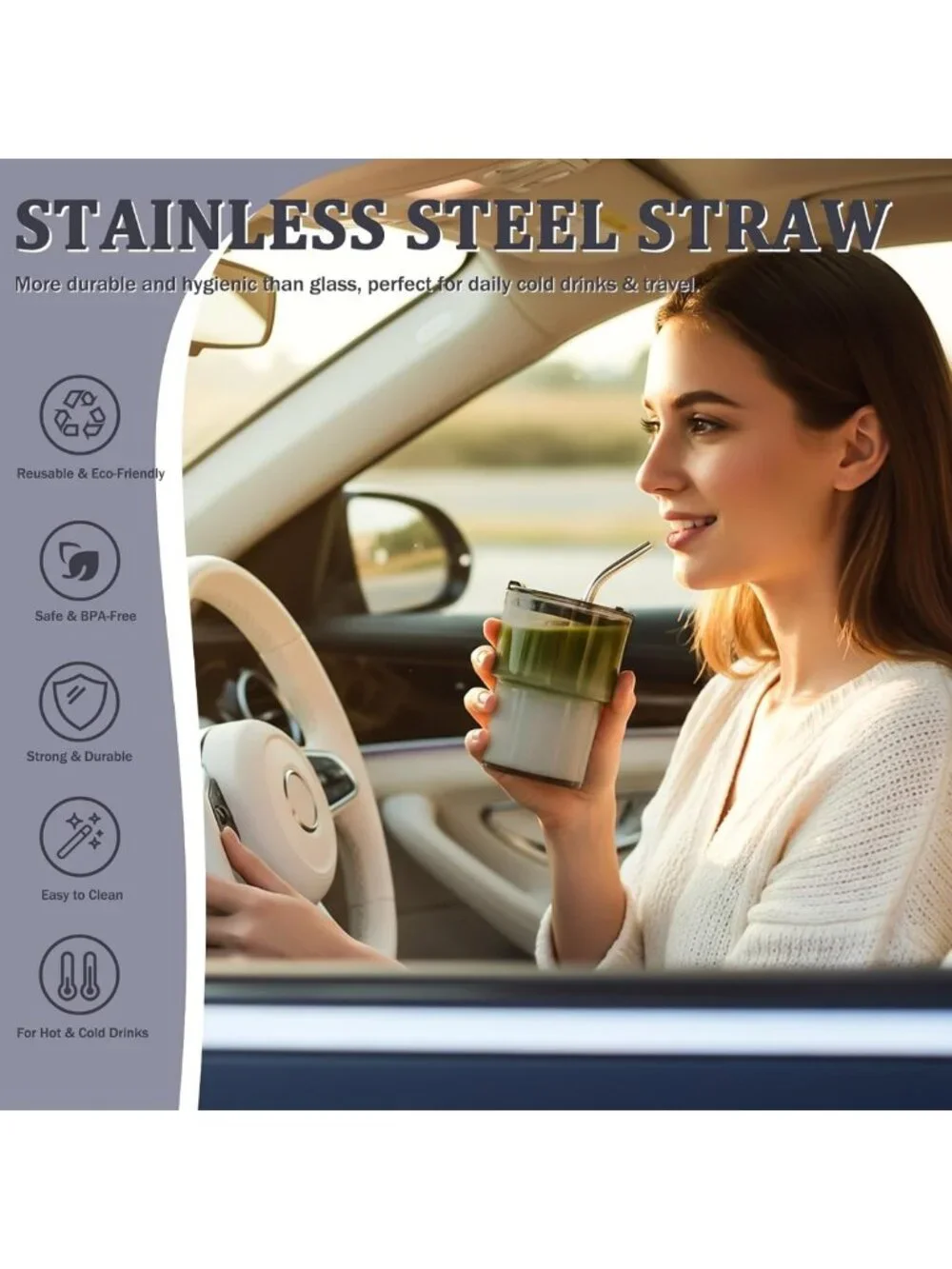 Set of 2 Cute 13 oz Glass Tumblers with Lid & Straw - Perfect for Iced Coffee!